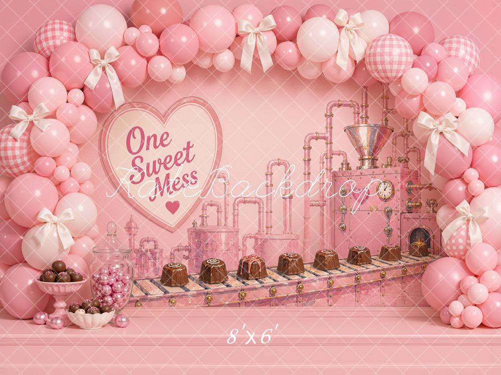 Kate Cake Smash Pink Candy Factory Balloon Arch Chocolates Printed Backdrop Designed by Ashley Ward