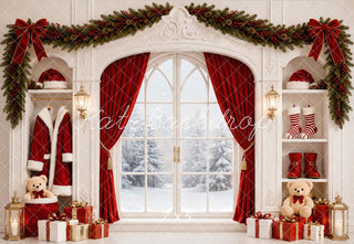 Kate Christmas Window Garland Red Curtains Gifts Built-In Cabinet Printed Backdrop Designed by Emetselch