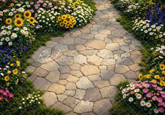 Kate Spring Cobblestone Pathway Colorful Garden Flowers Floor Printed Backdrop Designed by Mini MakeBelieve