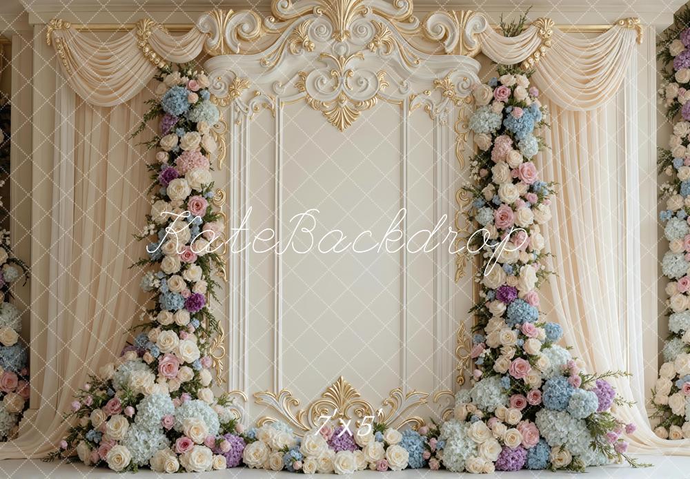 Kate Flower Arch Gold Ornate Wall Printed Backdrop Designed by Mini Ma