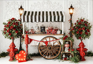 Kate Valentine's Day Candy Cart Red Roses Fire Hydrants Printed Backdrop Designed by Emetselch