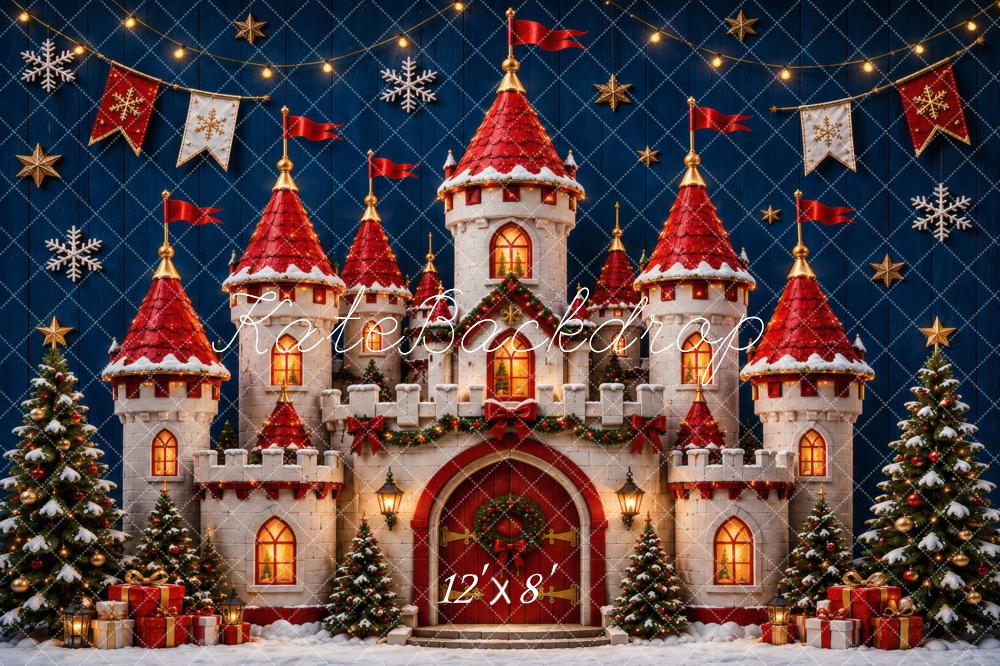 Kate Christmas Castle Red Roofs Christmas Trees Snow Gifts Printed Backdrop Designed by Vertigo Productions