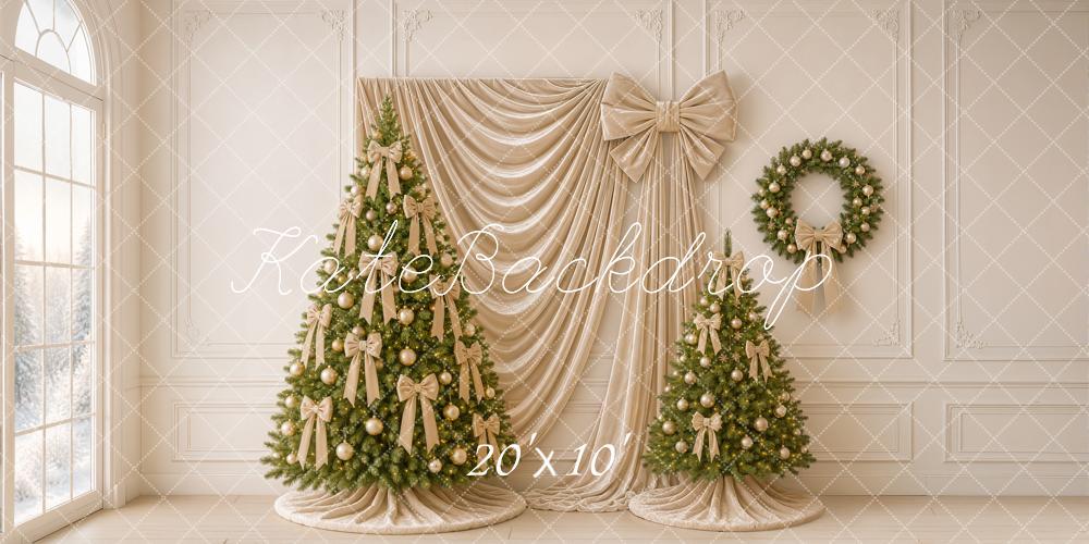 Kate Christmas Tree Gold Bow Wreath Draped Curtain Printed Backdrop Designed by Emetselch