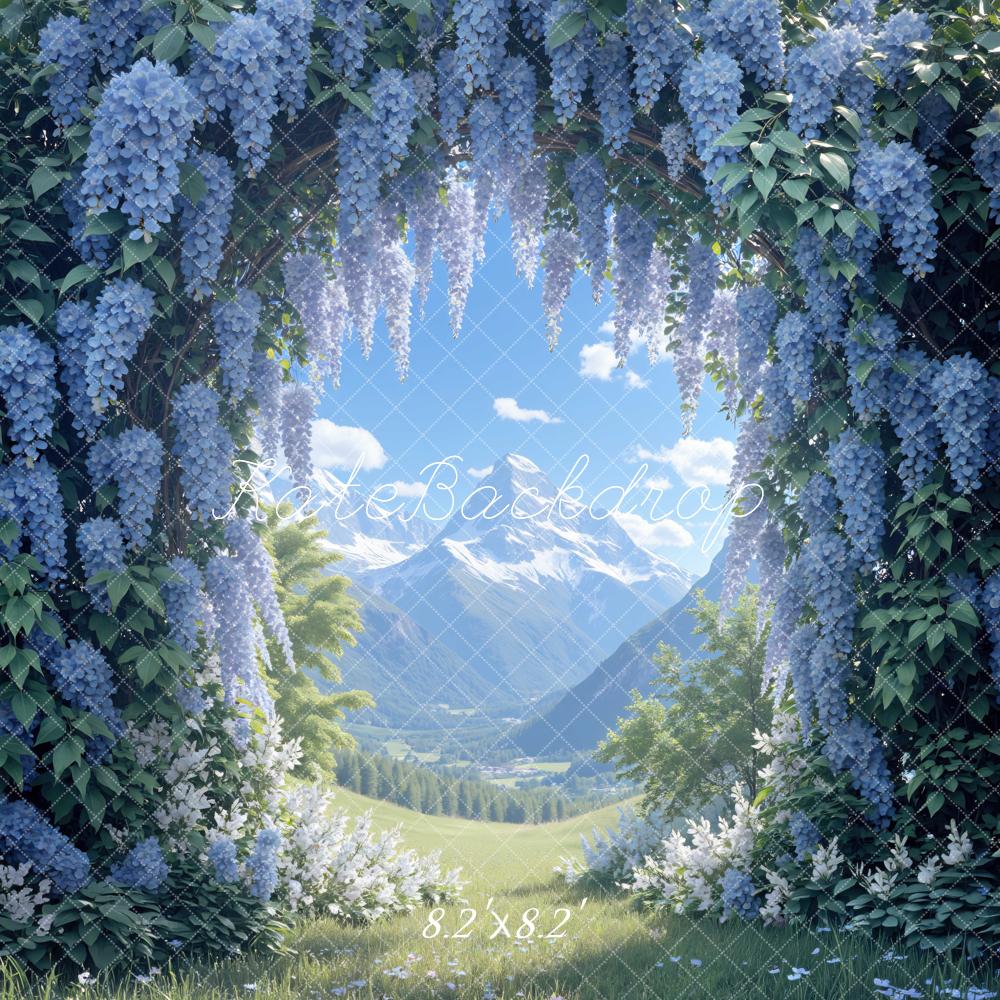 Kate Summer Blue Wisteria Flower Arch Mountain Landscape Printed Backdrop Designed by Mini MakeBelieve