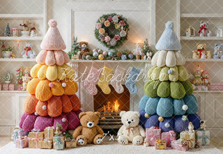 Kate Christmas Knitted Rainbow Trees Fireplace Teddy Bears Printed Backdrop Designed by Emetselch