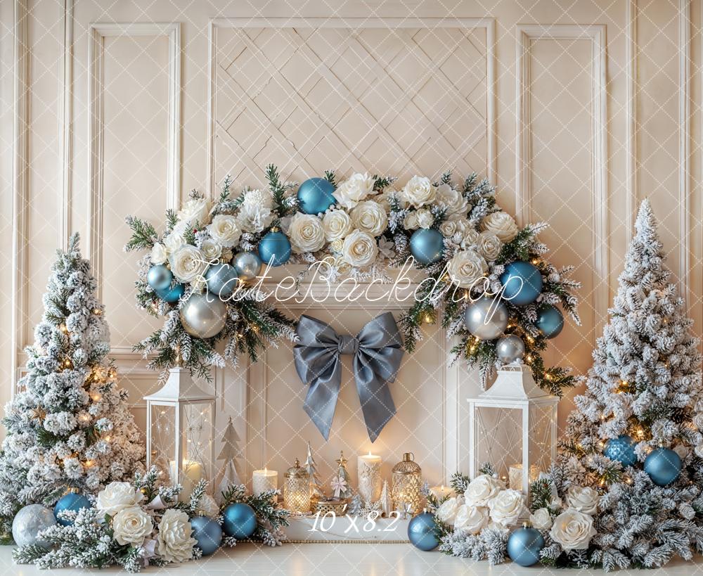 Kate Christmas Fireplace Flower Snowy Trees Bow Backdrop Designed by Emetselch