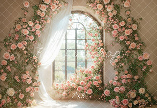 Spring Roze Bloemen Boog Raam Foto Achtergrond Designed by Emetselch