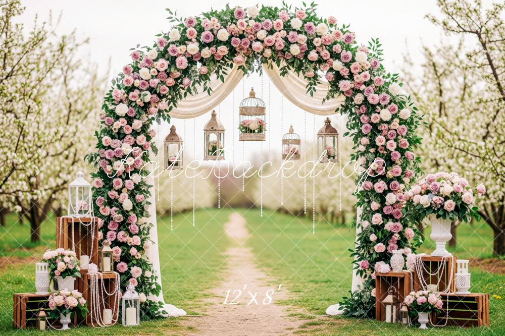 Kate Spring Flower Arch Lantern Birdcage Pink White Roses Printed Backdrop Designed by Patty Roberts