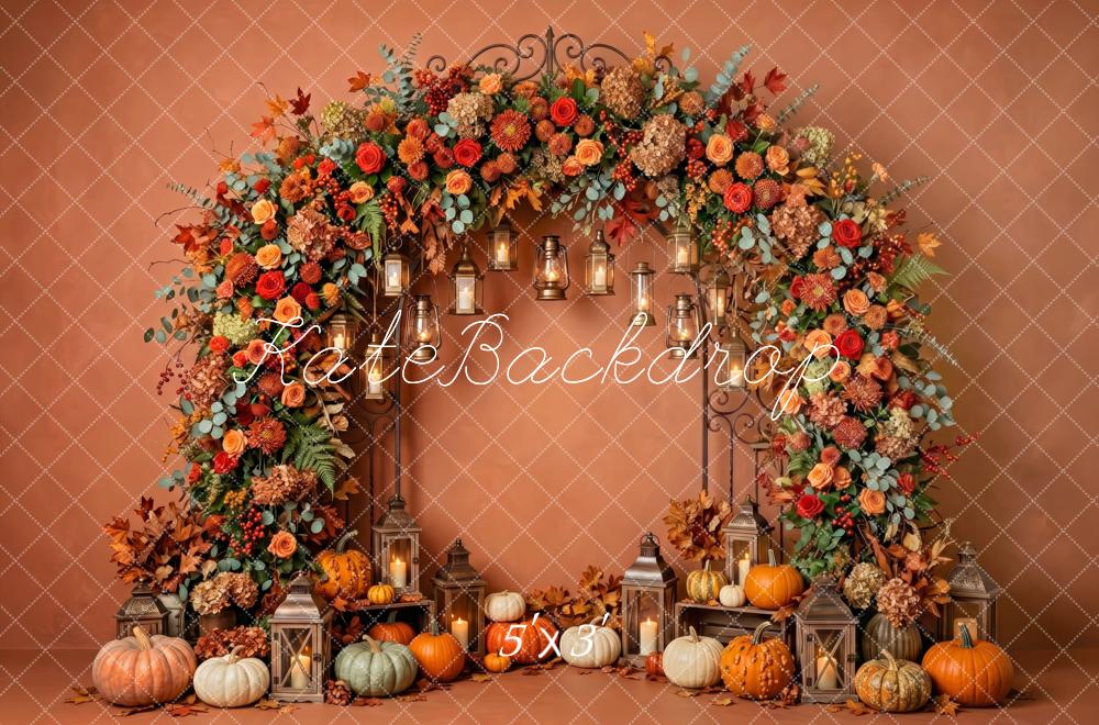 Kate Fall Brown Flower Arch Pumpkins Lanterns Printed Backdrop Designed by Patty Roberts