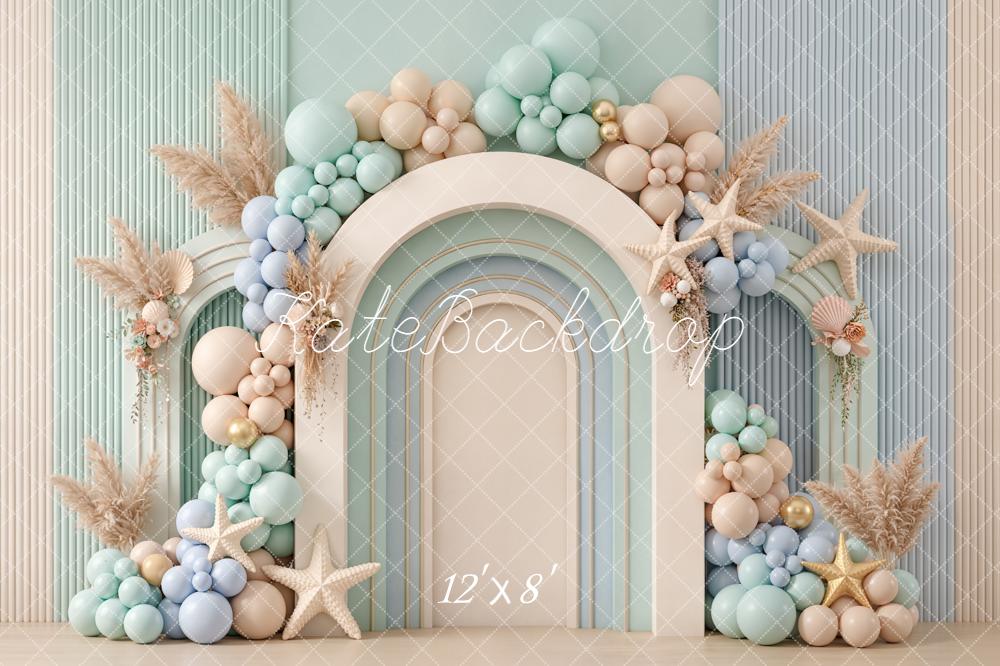 Kate Summer Cake Smash Arch Balloons Starfish Pampas Grass Pastel Printed Backdrop Designed by Emetselch
