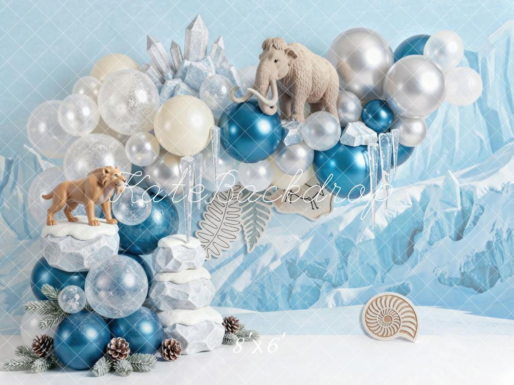 Kate Cake Smash Winter Blue Prehistoric Animals Crystal Balloons Printed Backdrop Designed by Mini MakeBelieve