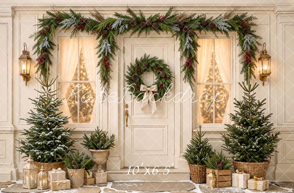 Kate Christmas White Doorway Wreath Garland Pine Trees Rustic Printed Backdrop Designed by Emetselch