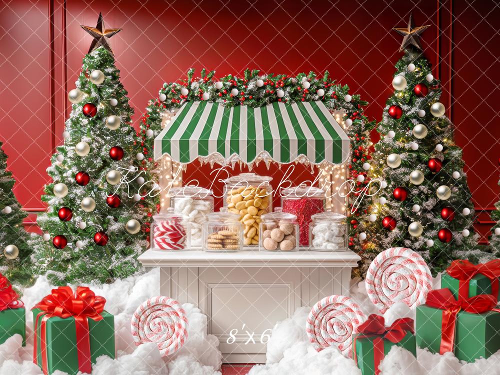 Kate Christmas Tree Candy Stand Gifts Red Backdrop Designed by Mini MakeBelieve