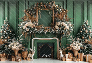 Christmas Fireplace Trees Frame Vintage Green Backdrop Designed by Emetselch