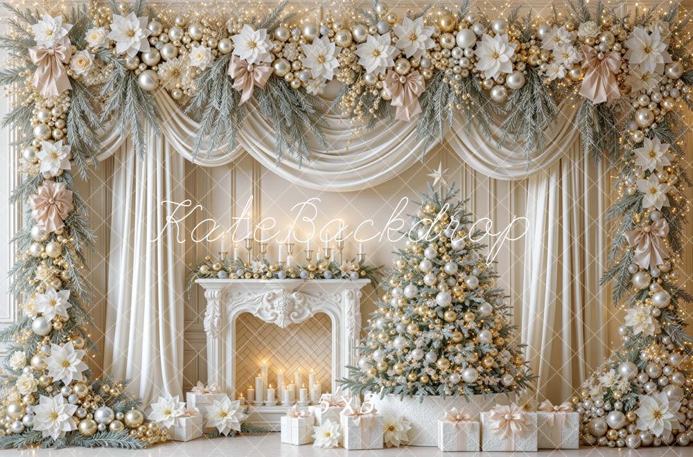 Kate Christmas Fireplace Ivory Gold Garland Tree Drapes Printed Backdrop Designed by Mini MakeBelieve