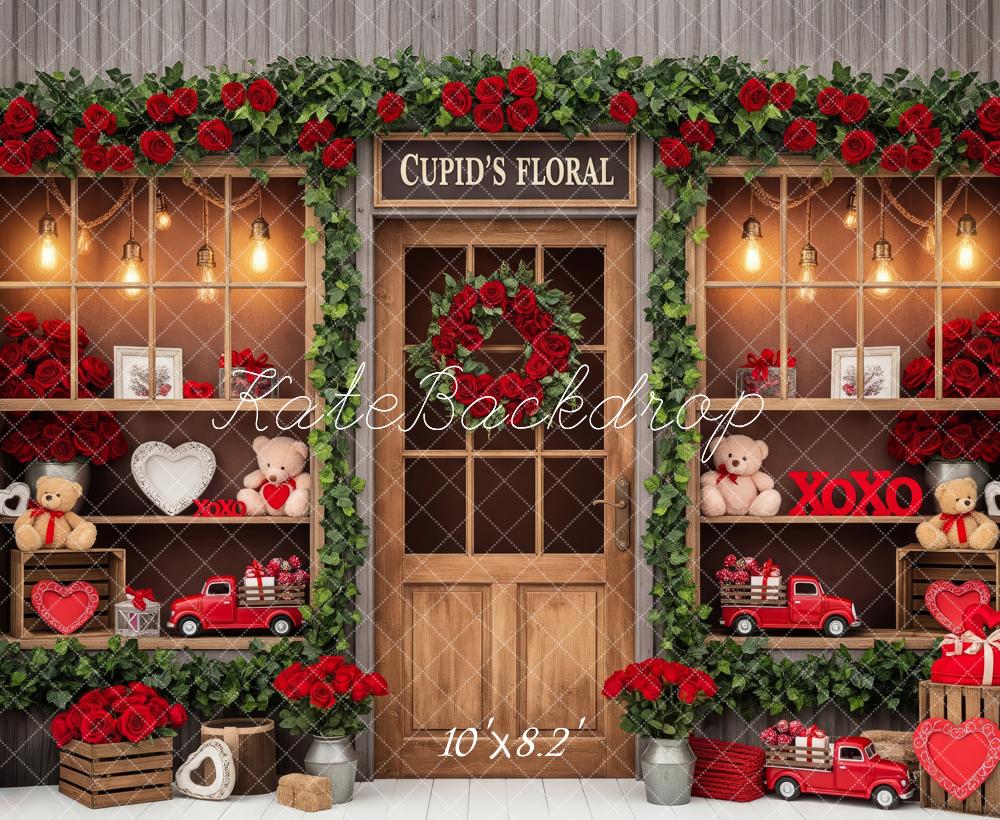 Kate Valentine's Day Red Roses Floral Garland Shelves Teddy Bear Truck Backdrop Designed by Patty Roberts