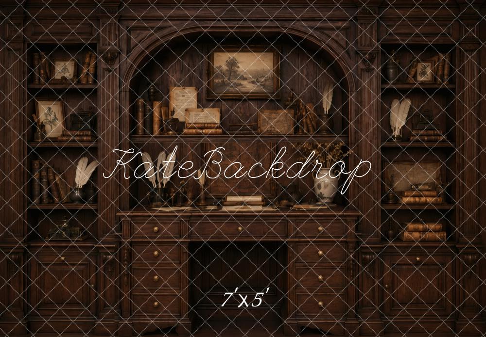Kate Vintage Dark Wood Bookshelves Desk Cabinet Printed Backdrop Designed by Vertigo Productions