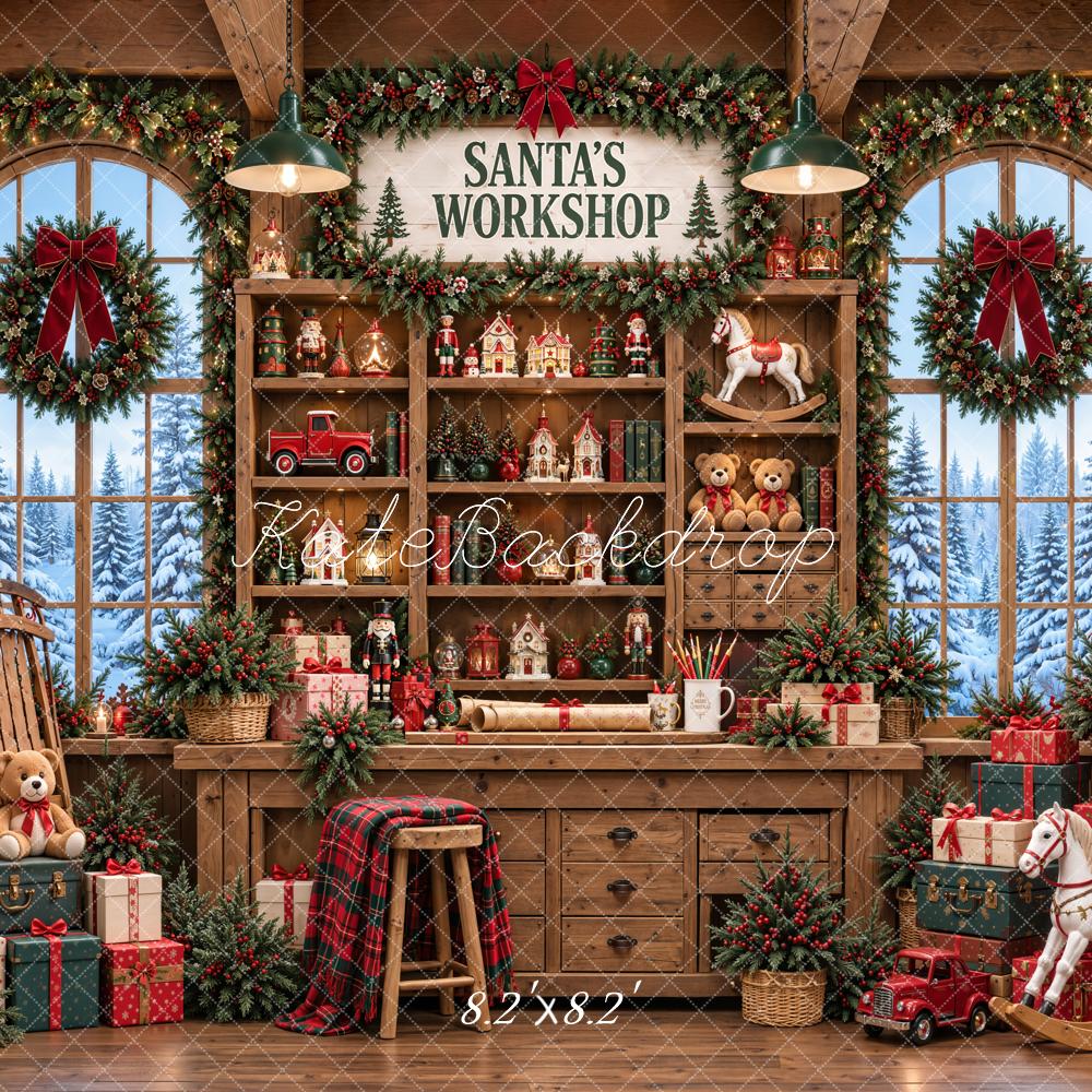 Kate Christmas Santa's Workshop Rustic Toy Cabinet Window Wood Printed Backdrop Designed by Emetselch