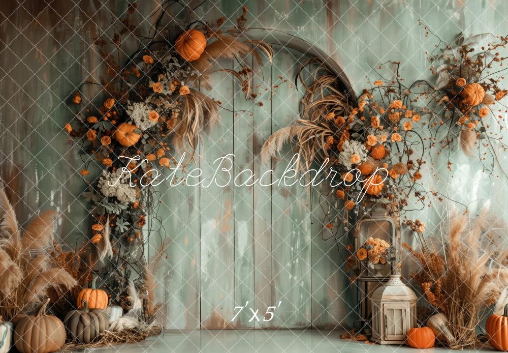 Fall Boho Green Wall Arch With Pumpkins Backdrop Designed by Patty Robert