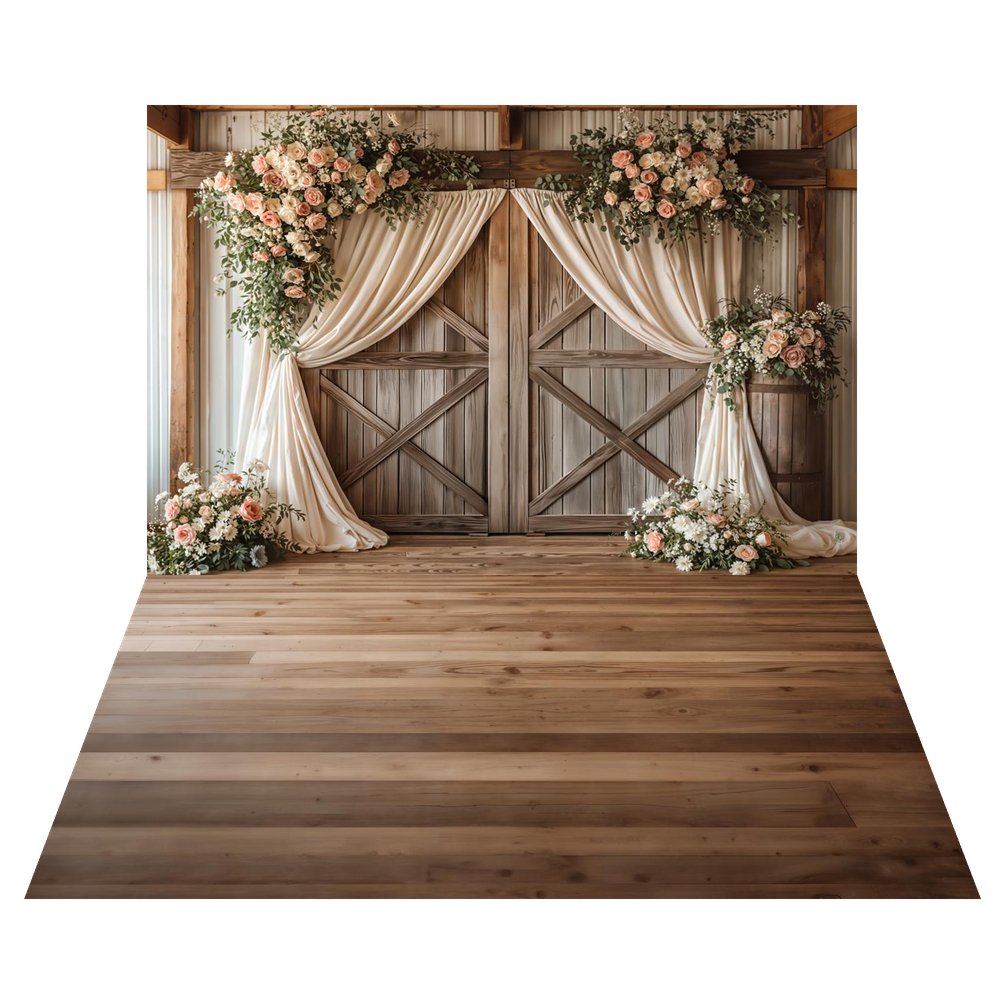 Kate Spring Romantic Flower Arch Barn Doors Cream Drapes Backdrop+Brown Wood Plank Floor Backdrop
