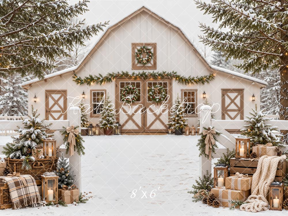Kate Christmas Snowy White Barn Farmhouse Evergreen Gifts Plaid Printed Backdrop Designed by Emetselch