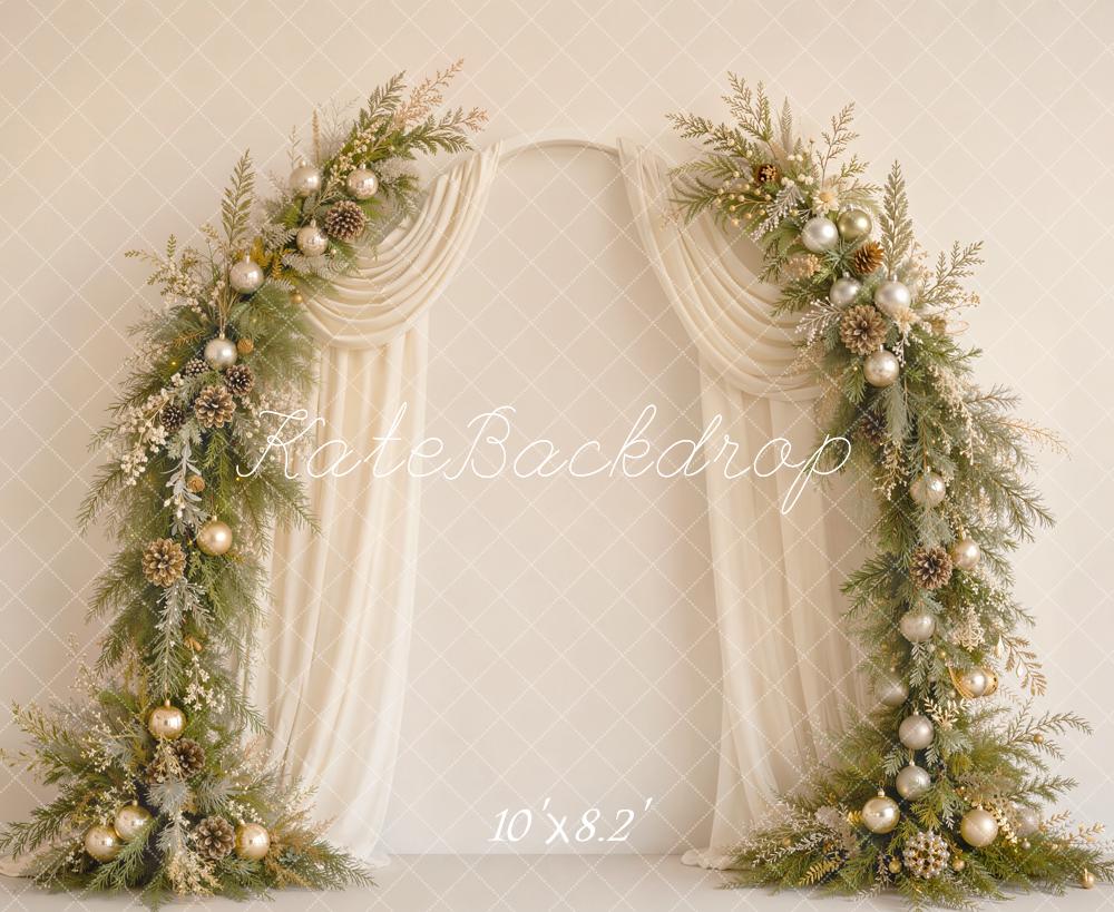 Kate Christmas Flower Arch Pine Cone Ornaments Cream Drapes Printed Backdrop Designed by Emetselch