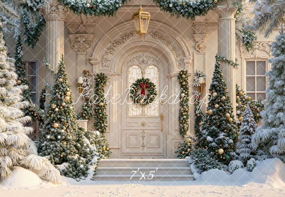 Kate Christmas Tree Snowy Mansion Door Backdrop Designed by Emetselch