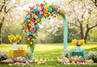 Kate Easter Bunny Flower Arch Colorful Eggs Spring Printed Backdrop Designed by Patty Roberts