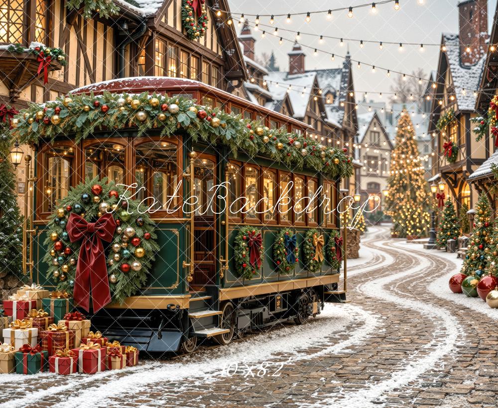 Kate Christmas Trolly Snowy Village Street Printed Backdrop Designed by Mini MakeBelieve