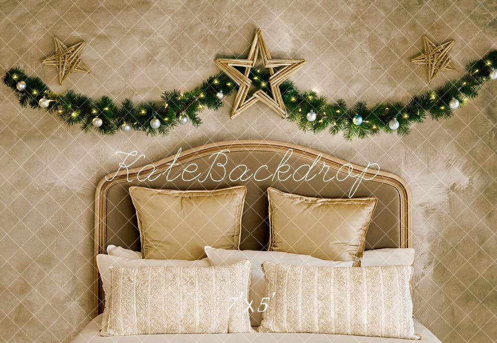 Kate Christmas Headboard Beige Bedroom Garland Star Printed Backdrop Designed by Fantasyphotoart