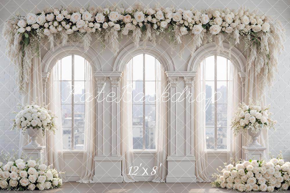 Kate White Flower Arch Windows Columns Printed Backdrop Designed by Mini MakeBelieve