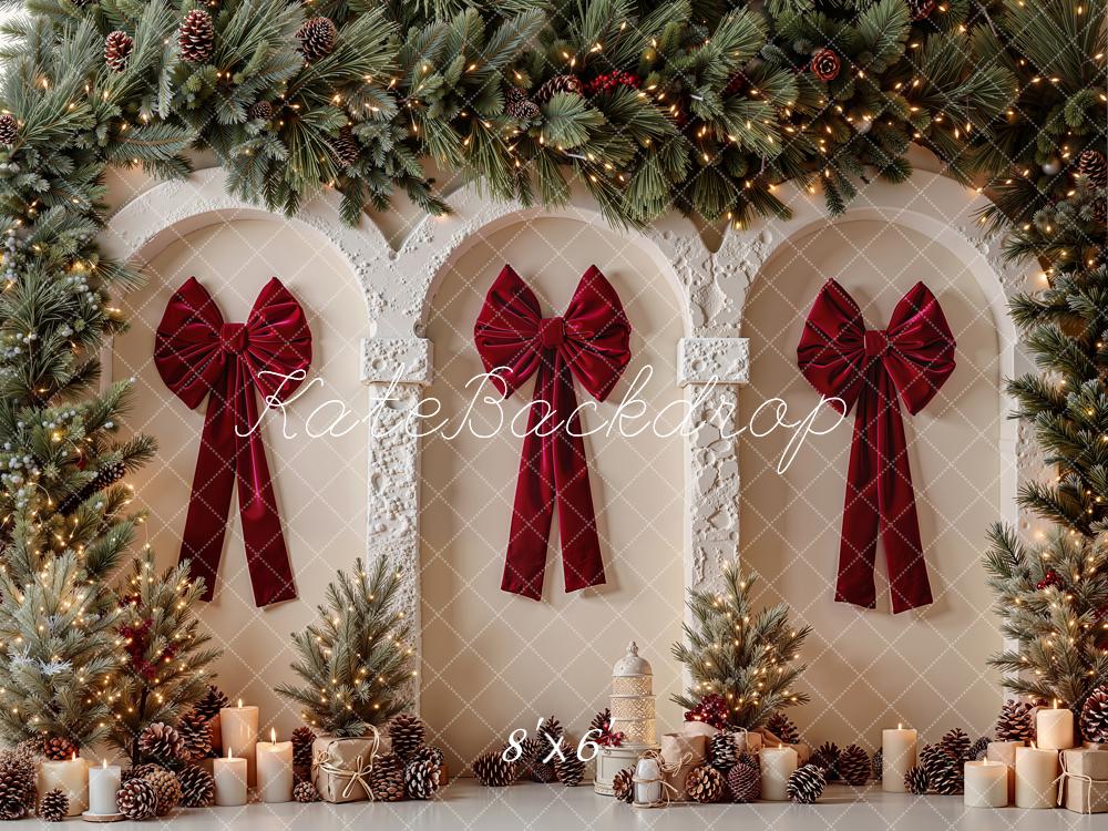 Kate Christmas Red Bow Arches Pine Garland Candles Printed Backdrop Designed by Emetselch