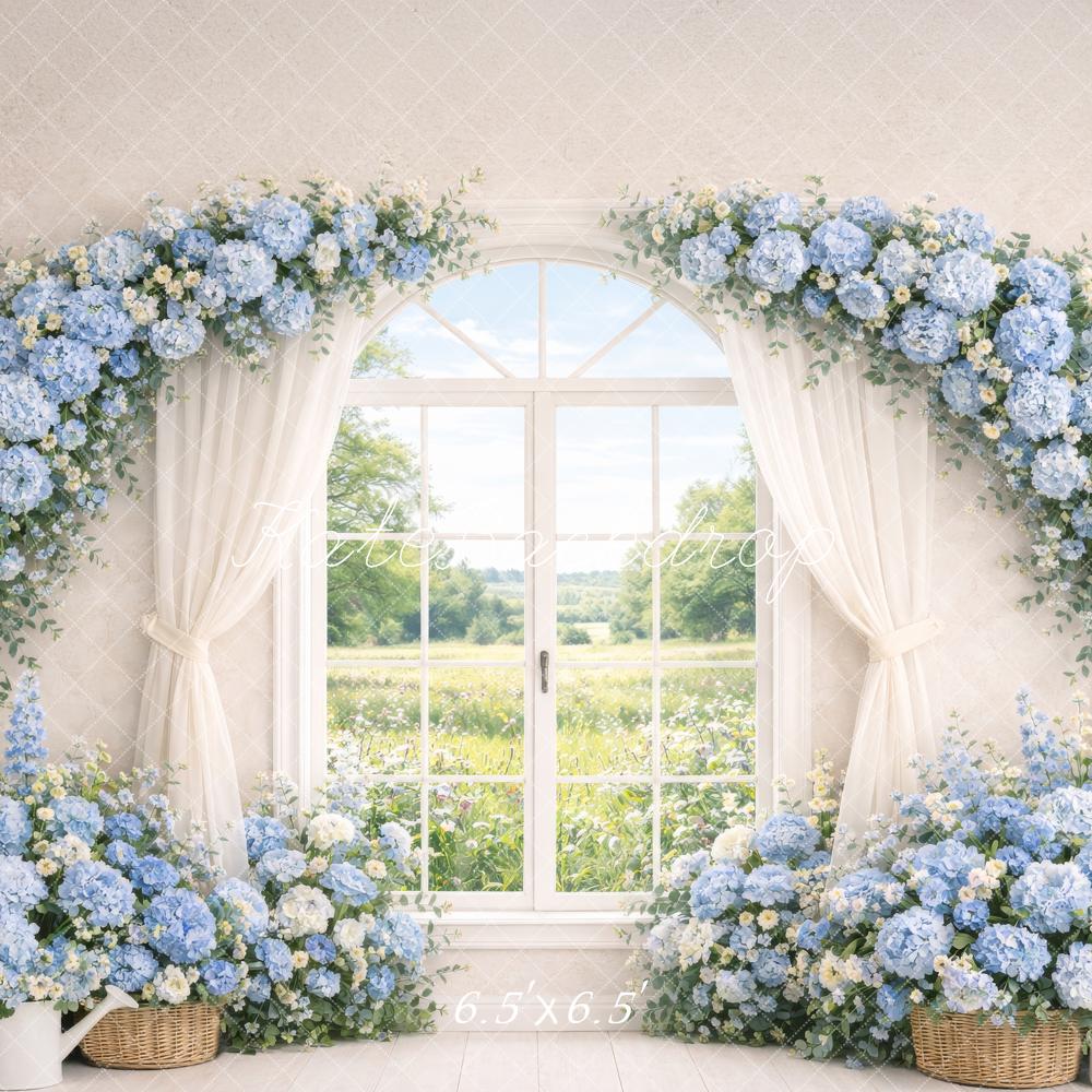 Kate Spring Flower Arch Blue Hydrangea Window Curtains Backdrop Designed by Megan Leigh Photography
