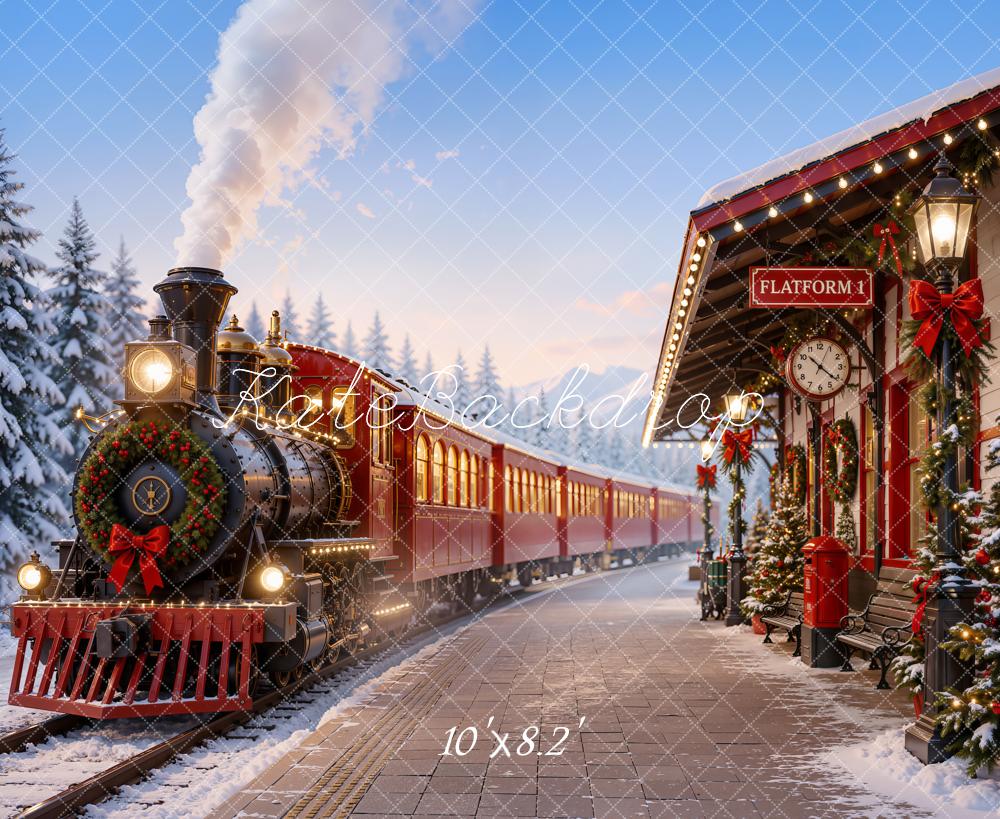 Kate Christmas Red Polar Train Station Snowy Trees Printed Backdrop Designed by Emetselch