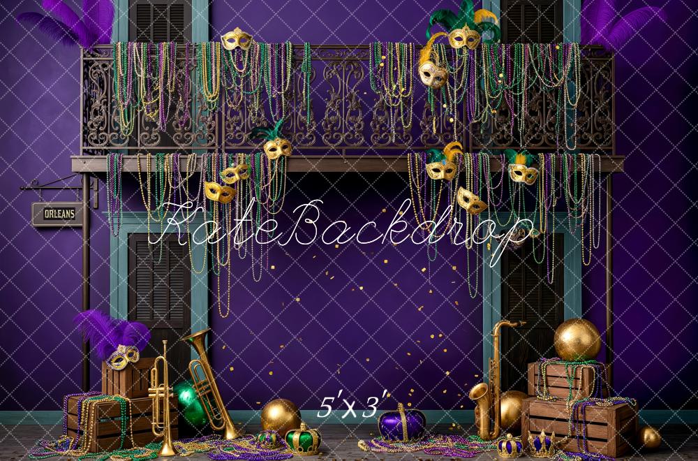 Kate Carnival Mardi Gras Balcony Beads Masks Instruments Purple Printed Backdrop Designed by Patty Roberts