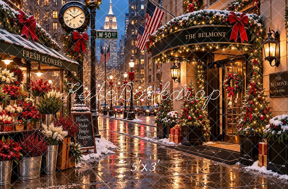 Kate Christmas Snowy New York City Flower Shop Street Printed Backdrop Designed by Shutter Swan Studios
