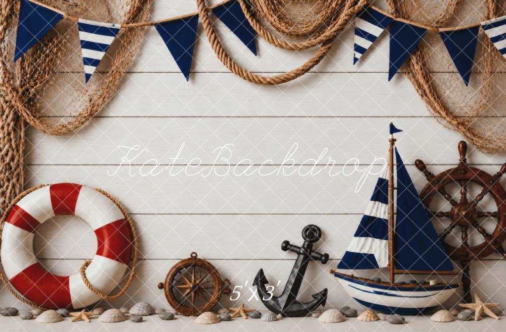 Kate Nautical Sailboat Life Ring Anchor Ship Wheel Netting Bunting Printed Backdrop Designed by Vertigo Productions