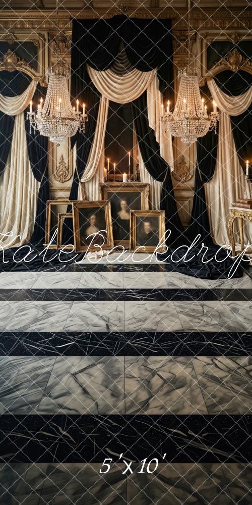 Kate Sweep Vintage Palace Chandeliers Drapes Marble Floor Printed Backdrop Designed by Patty Roberts