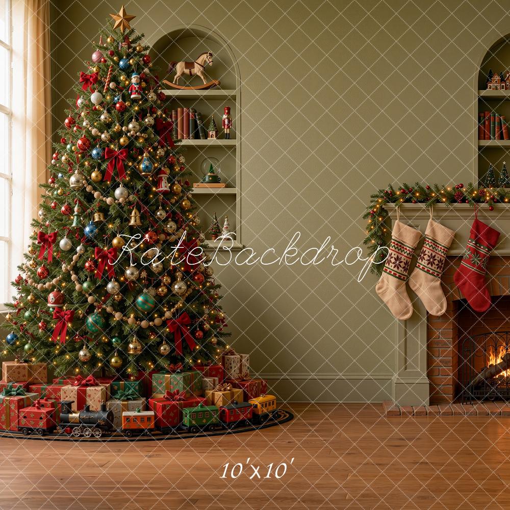 Kate Christmas Tree Fireplace Mantel Stockings Green Printed Backdrop Designed by Shutter Swan Studios