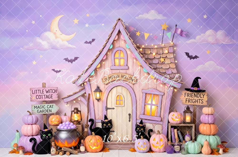Kate Halloween Cake Smash Witch Cottage Pumpkins Black Cats Printed Backdrop Designed by Patty Roberts