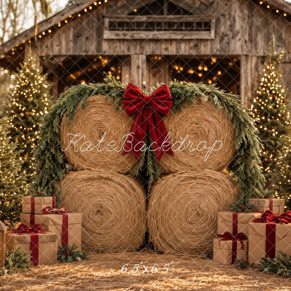 Kate Christmas Hay Bales Rustic Barn Pine Trees Gifts Printed Backdrop Designed by Emetselch