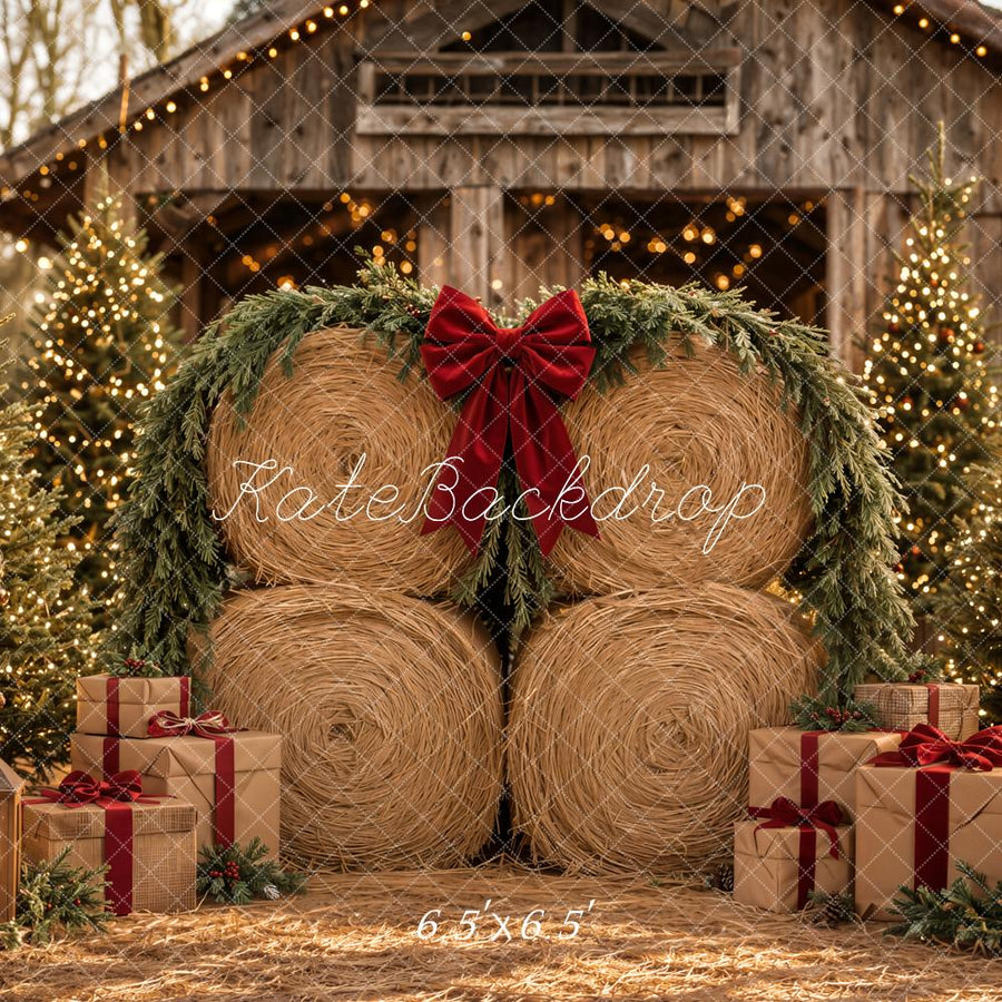 Kate Christmas Hay Bales Rustic Barn Pine Trees Gifts Printed Backdrop