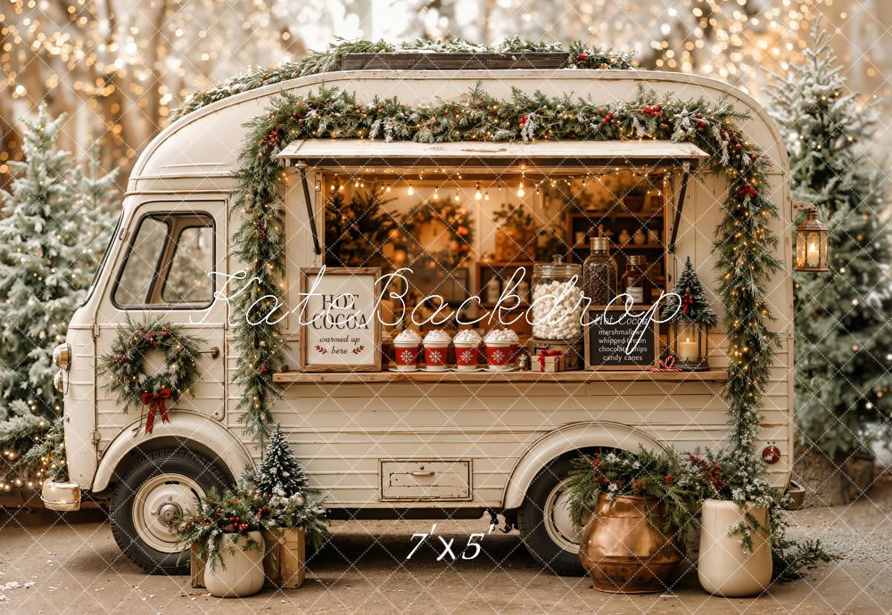 Kate Christmas White Hot Cocoa Truck Garland Printed Backdrop Designed by Emetselch