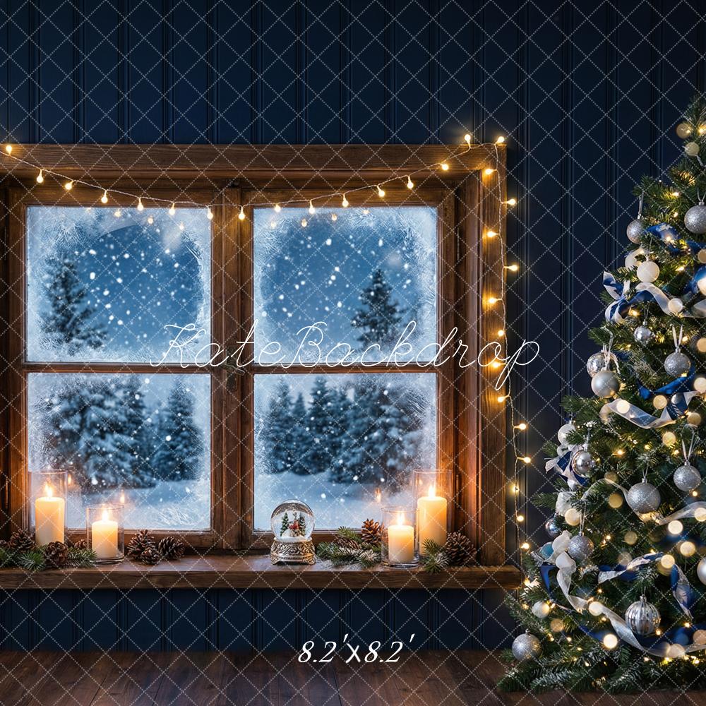 Kate Christmas Window Tree Snowy Night Printed Backdrop Designed by Happy Squirrel Design