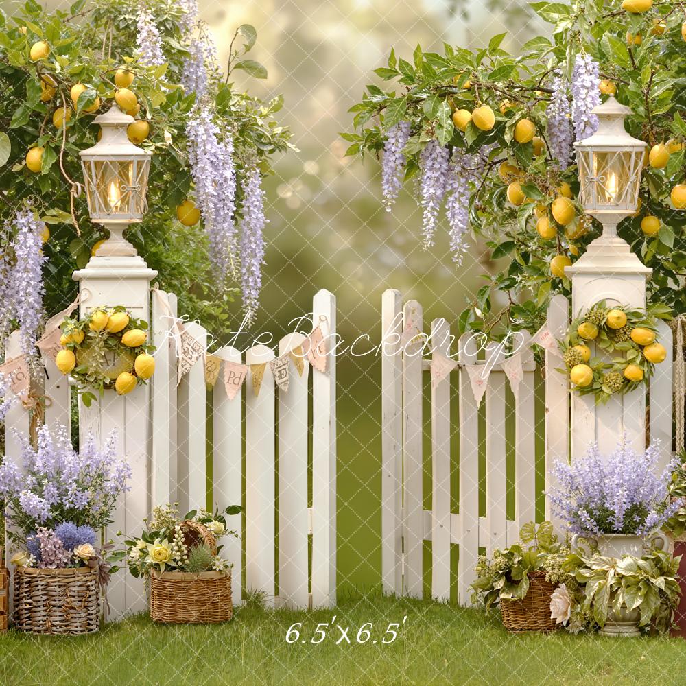Kate Spring Lemon Tree White Picket Fence Lantern Flowers Backdrop Designed by Emetselch