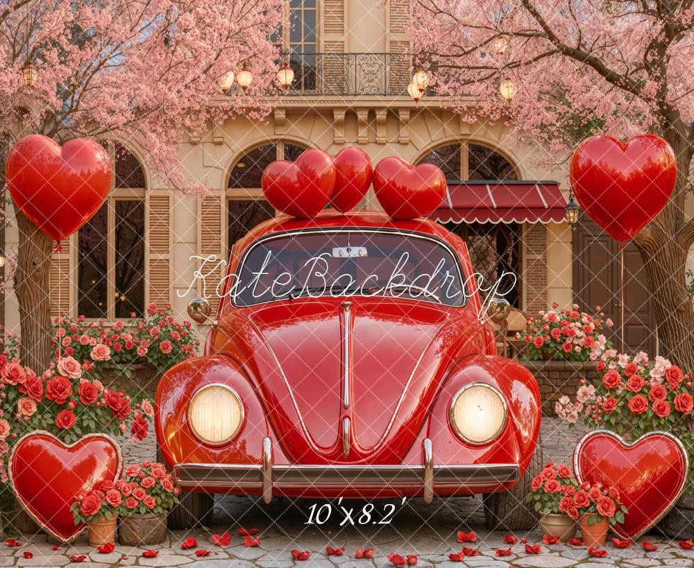 Kate Valentine's Day Red Car Heart Balloons Pink Flowers Backdrop Designed by Emetselch