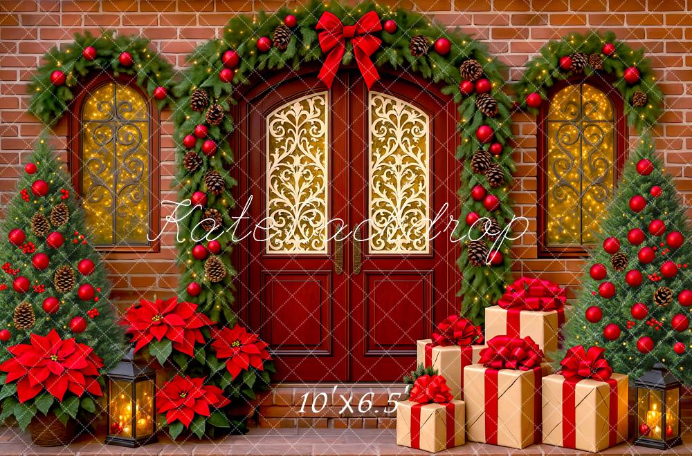 Kate Christmas Red Door Garland Gift Boxes Poinsettia Backdrop Designed by Mini MakeBelieve