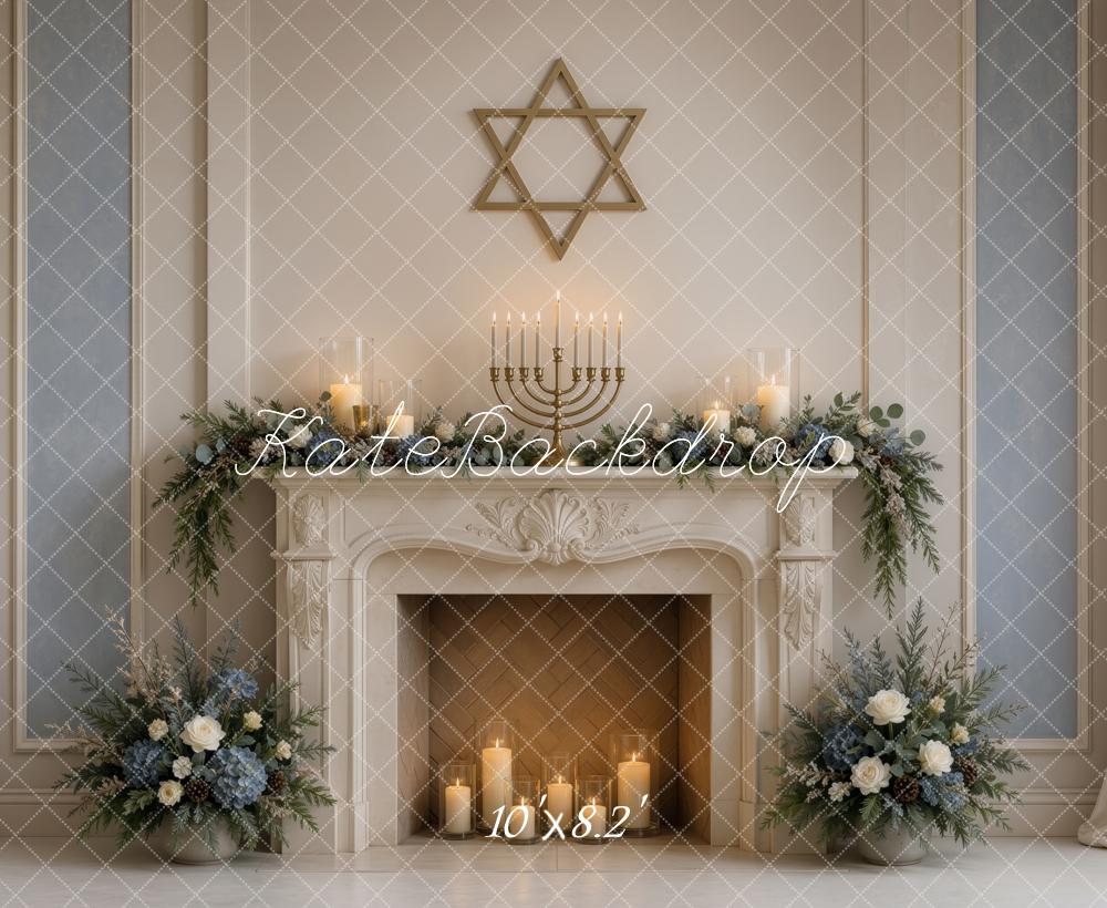 Kate Hanukkah Menorah Star of David Fireplace Floral Printed Backdrop Designed by Ashley Ward