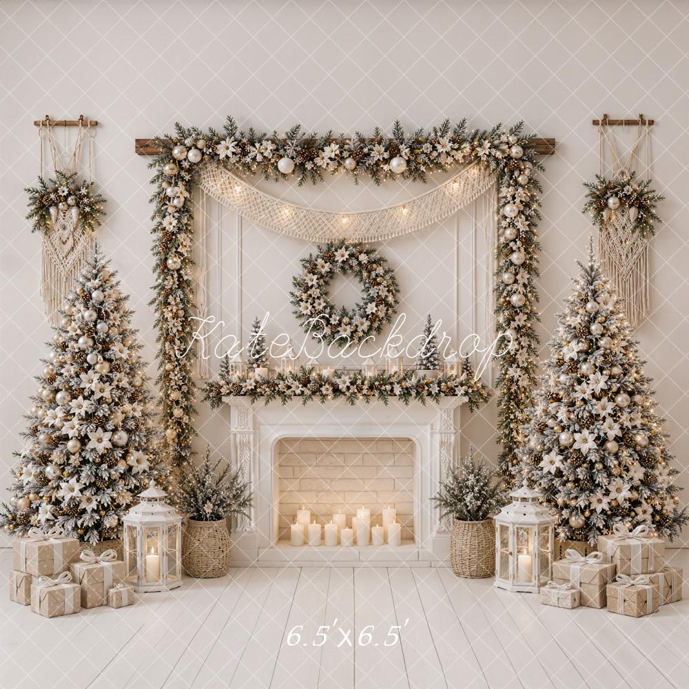 Kate Christmas Fireplace Boho Poinsettia Garland White Trees Gifts Printed Backdrop Designed by Emetselch