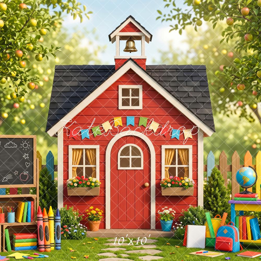 Kate Back To School Red Schoolhouse Apple Orchard Chalkboard Printed Backdrop Designed by Patty Roberts